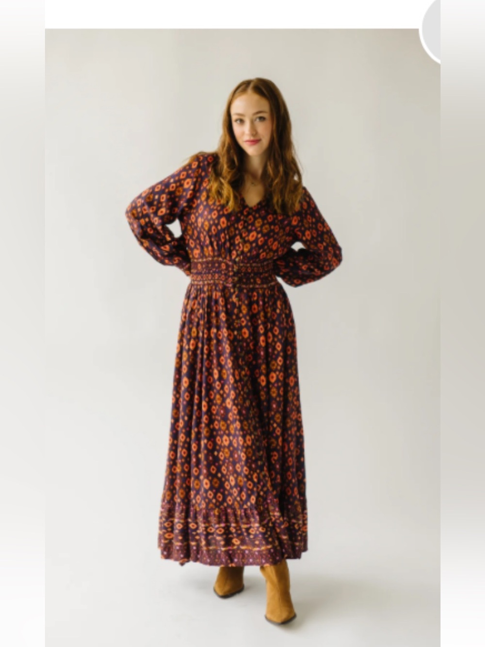 Boho Printed V-Neck Maxi Dress in Navy and Rust, Brown, Pink Geometric print